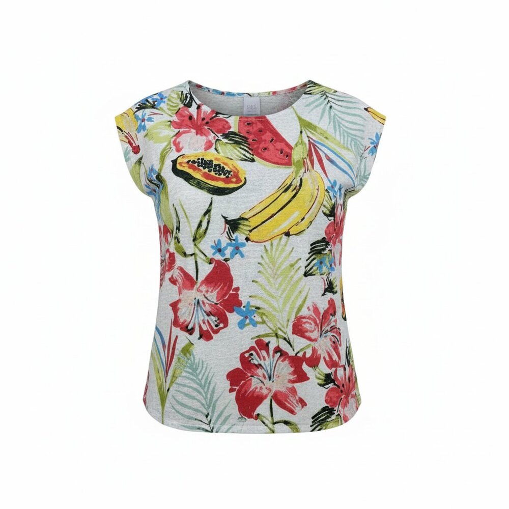 NWT C&C California Cap Sleeve Linen Fruit Print Blouse Size Large